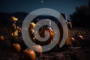 Halloween Celebration Fun Party in rustic night field. Group of kids with jack-o-lanterns in Halloween, neural network