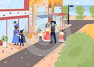 Halloween celebration on street flat color vector illustration