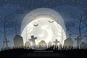 Halloween Cemetery in the night of the full moon and a flock of flying bats background.