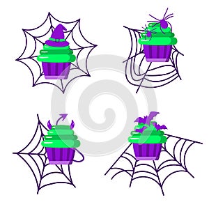 Halloween character cupcakes spiders, cobwebs, witch Hat, Bats. Purple and green acid colors, bright vector illustration