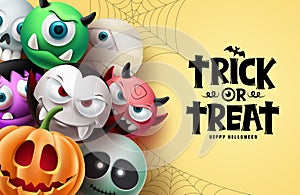 Halloween character vector background design. Happy halloween trick or treat text with scary, spooky and creepy mascot