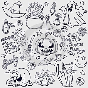 Halloween characters and attributes doodle set