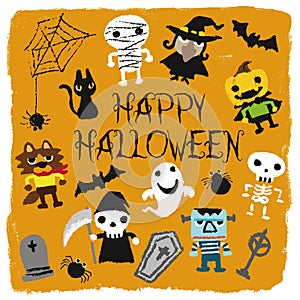 Halloween characters jack-o-lantern, pumpkin, mommy, ghost, bat, black cat, skeleton, monster, coffin, grave, werewolf, witch,