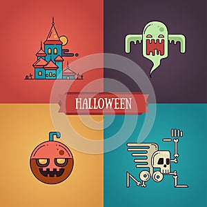 Halloween characters line flat design modern icons set