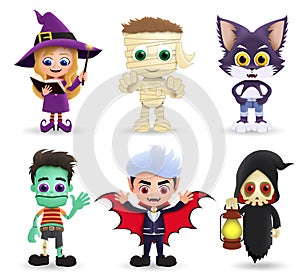 Halloween characters vector set. Halloween character in cute and scary costume of witch, mummy, wolf, zombie, vampire and grim rea