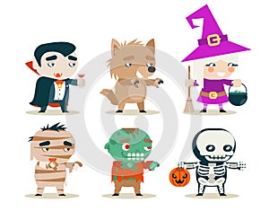 Halloween children costume kids masquerade fantasy RPG game party characters icons set vector illustration