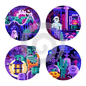 Halloween Circle Icons with Monster Creatures