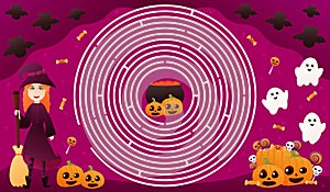 Halloween circle maze for kids with cute witch character holding broom, find right way to cauldroun with potion