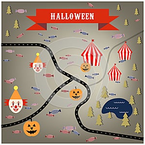 Halloween circus map with clowns, pumpkins, forest, lake