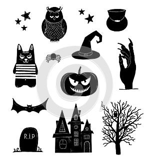 Halloween clip art. Black and white pumpkin, owl, witch, bat clipart