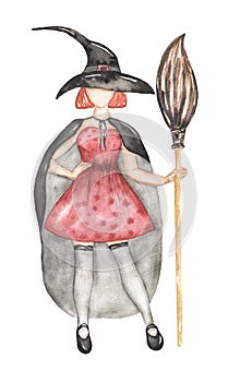 Halloween clipart, Watercolor Spooky Illustration set, Cute witch in red dress and black cape with hood, broom and hat clip art,