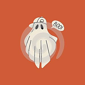 Halloween cloth ghost. Cute monster character, cartoon trick or treat element scary face evil silhouette. Vector