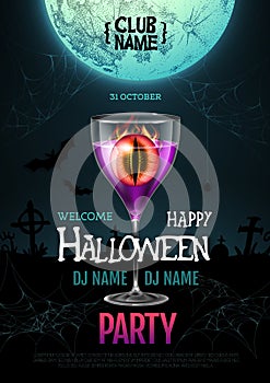 Halloween cocktail disco party poster with realistic transperent cocktail glass and burning eye inside