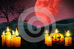 Halloween colorful creepy night backdrop - set of candles on left and candle in pumpkin style on the right, lanterns in the dark