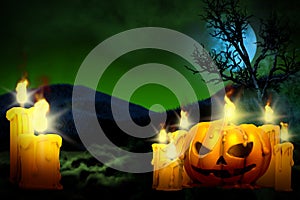 Halloween colorful horror dark backdrop - set of candles on left side and candle in pumpkin style on right, trick or treat concept