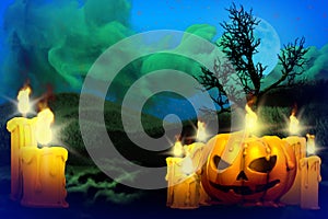 Halloween colorful horror night mockup - set of candles on left and candle in pumpkin style on the right, trick or treat concept