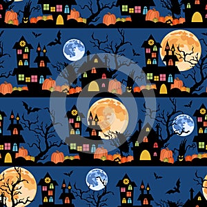 Halloween colorful seamless pattern with moons,castles,pumpkins and trees.Background for holiday party photo