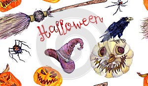 Halloween colorfull pattern design, pumpkin, broom, witch hat, spiders, crow, broom, Hand painted watercolor on white