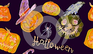 Halloween colorfull pattern design, pumpkin, witch hats, spiders, crow, broom, Hand painted watercolor on black