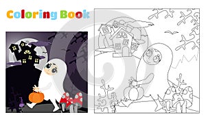 Halloween coloring book for children. A small child is dressed in a ghost costume and goes to the castle on the mountain.