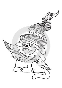 Halloween coloring book page cat in the witch hat