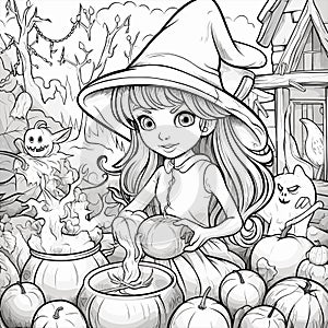 Halloween coloring book page. Coloring book page for adults or children. Halloween design cute girl in the forest near