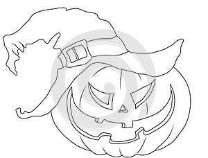 Halloween coloring page. Pumpkin in the hat.