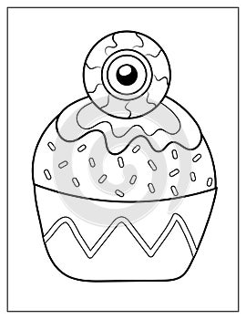 Halloween coloring page with spooky cupcake and eyeball on it. Creepy print for coloring book