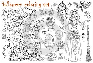 Halloween coloring set with beautiful witch girl, house, moth, broom and dreamcatcher isolated on white