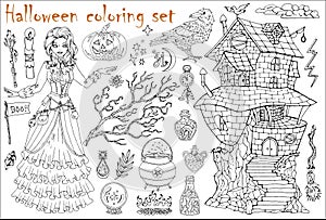 Halloween coloring set with beautiful witch girl in steampunk dress, crow and scary house on white