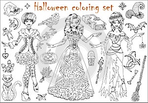 Halloween coloring set with beautiful witch girls in costumes, mystic animals and scary objects