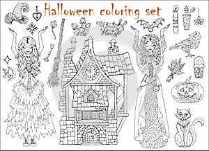 Halloween coloring set with beautiful witch girls in costumes, scary house, cat and pumpkin