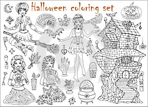Halloween coloring set with beautiful witch girls in gipsy and gothic costumes, scary house and objects