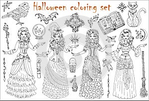 Halloween coloring set with beautiful witch girls in gipsy, medieval and steampunk costumes, scary witchcraft objects