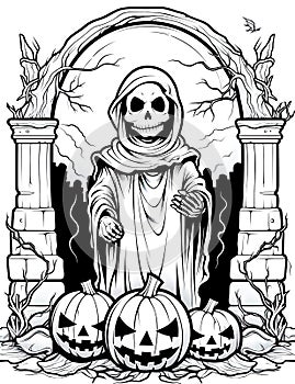 Halloween colouring page with a skeleton as the subject