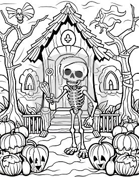 Halloween colouring page with a skeleton as the subject