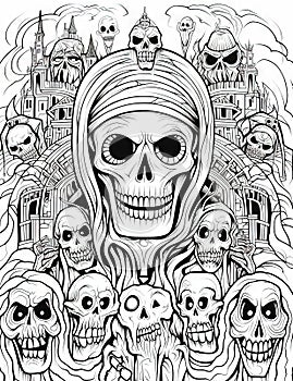 Halloween colouring page with a skeleton as the subject