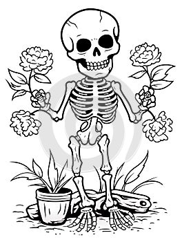 Halloween colouring page with a skeleton as the subject