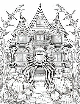 Halloween colouring page with a spider and house as the subject