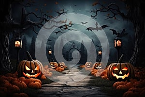 Halloween composition with copy space, postcard with pumpkins, spiders, cobwebs and autumn leaves on a concrete background