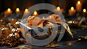 Halloween composition in dark tones. Elegant gift box with bow, guilded pumpkins, burning candles. Blurred background