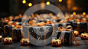 Halloween composition in dark tones. Spooky pumpkin jack-o-lanterns, elegant black gift boxes with orange bows, burning