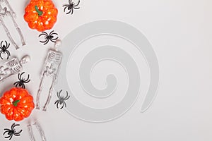 Halloween composition of skeletons of pumpkin spiders. Top view copy space flat lay