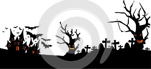 Halloween concept. background of castles spooky old trees and graveyard. black and white.