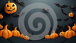 halloween concept background composition with bats, spider web, pumpkins and spiders on black background ai generated