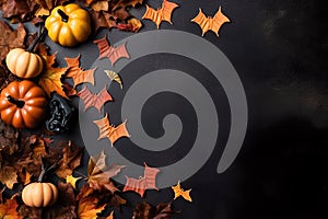 Halloween concept background composition with pumpkins and bats ,autumn leaves and simple background A