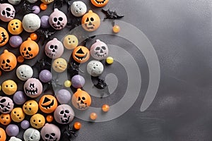 Halloween concept background composition with pumpkins bats and pearls on simple background Ai generated