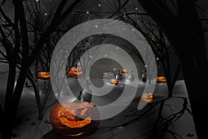 Halloween concept and celebration,with horror at nightmare and spooky forest with dead trees,Jack Oâ€™ Lanterns Glowing or smiling