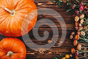 Halloween concept with fresh pumpkins and flowers on the wooden table. Trick or Treat view from above