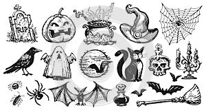 Halloween concept icon set. Hand drawn design elements in sketch style for holiday flyer, greeting card or web banner